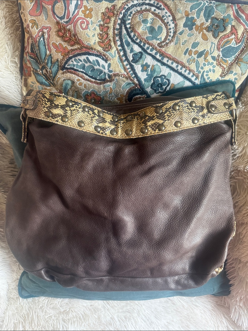 Brown Leather &Snake Hobo Bag with Gold rings & studs Y2K Biker Boho Beach bag